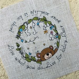 Embroidered Bear Round on Burlap